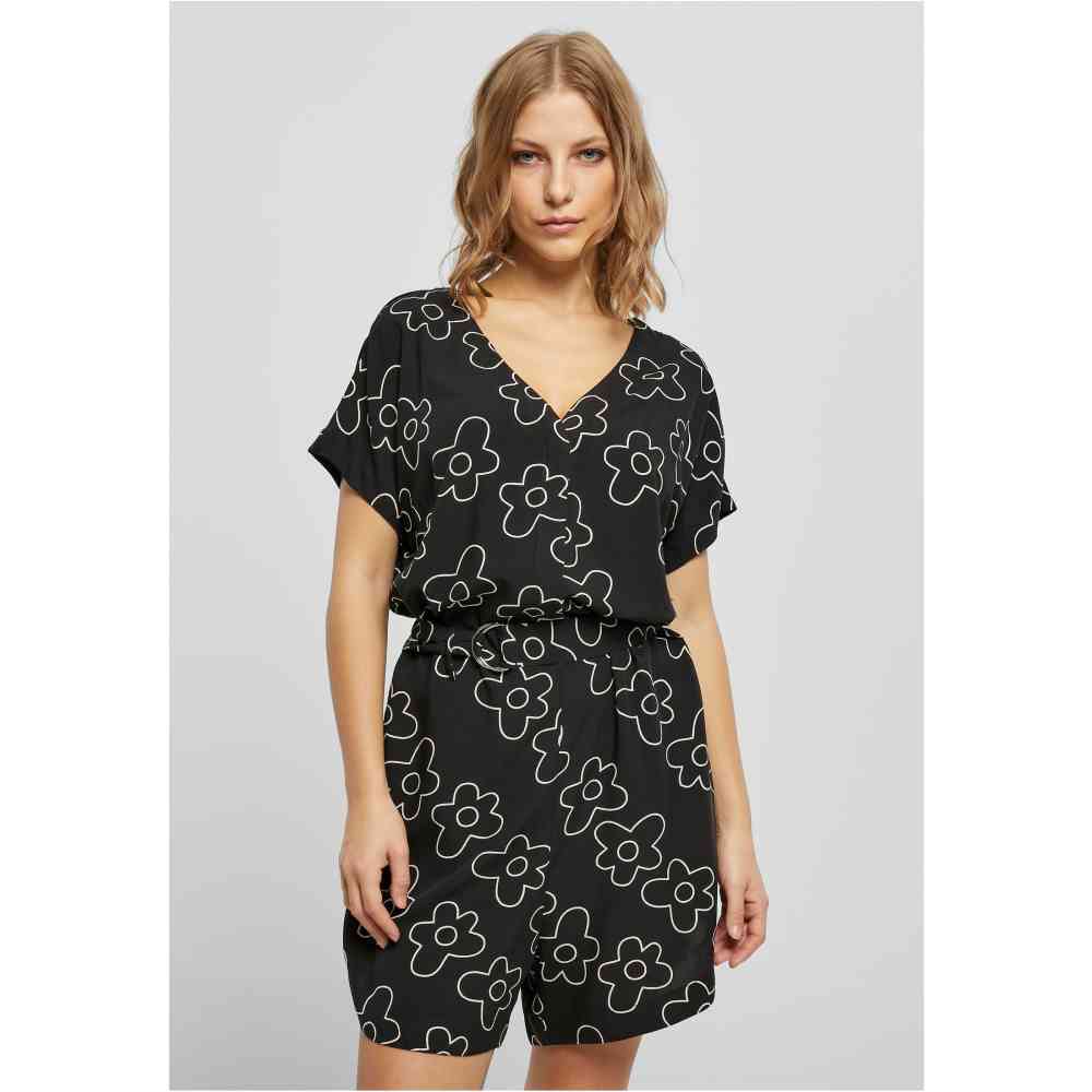 Urban Classics - Short viscose belt Playsuit - Black/White